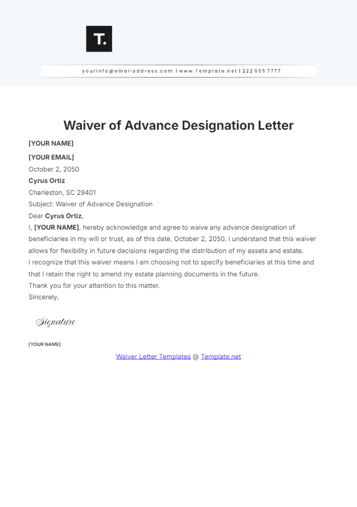 Waiver of Advance Designation Letter Template - Edit Online & Download