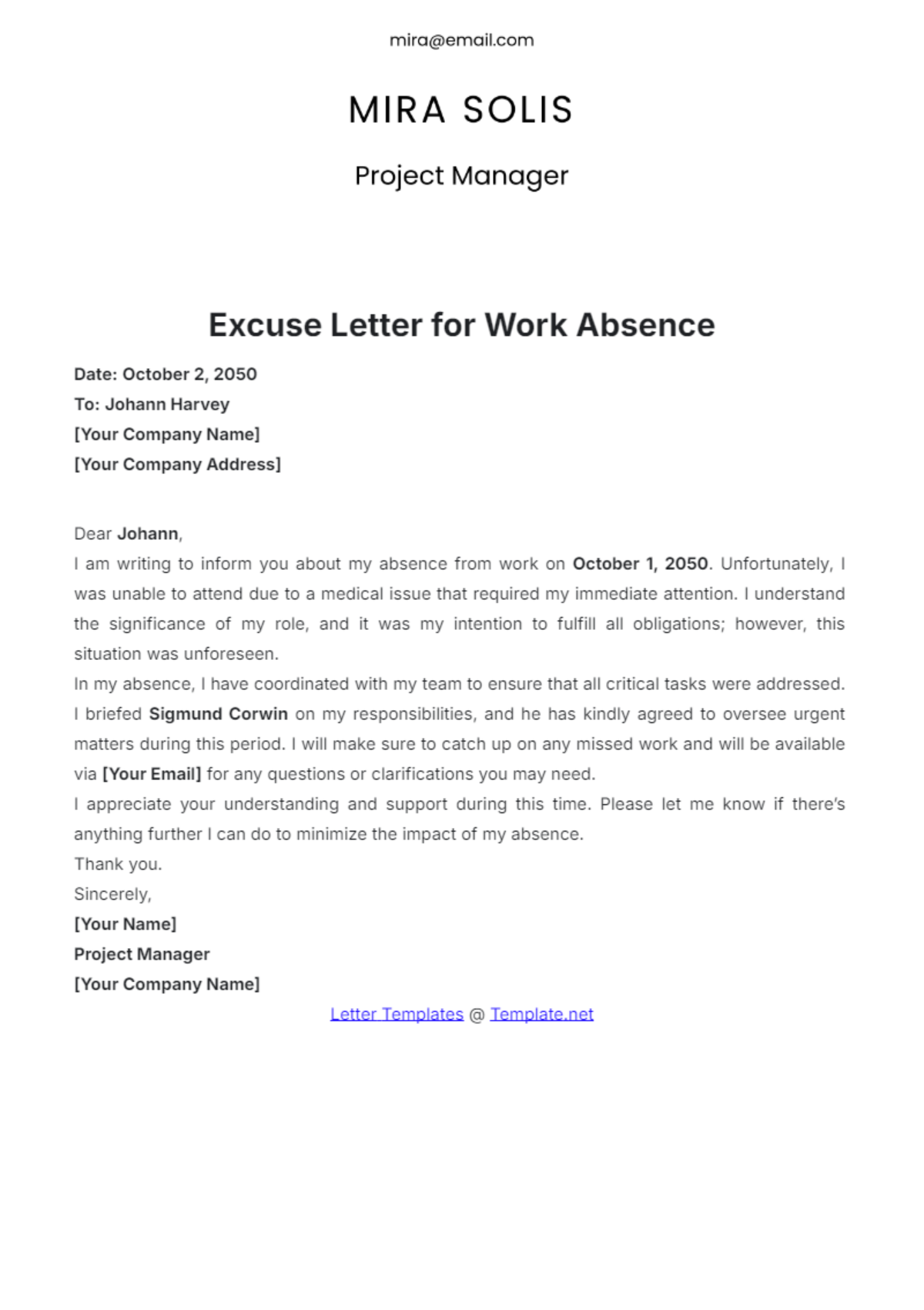 Excuse Letter for Work Absence Template