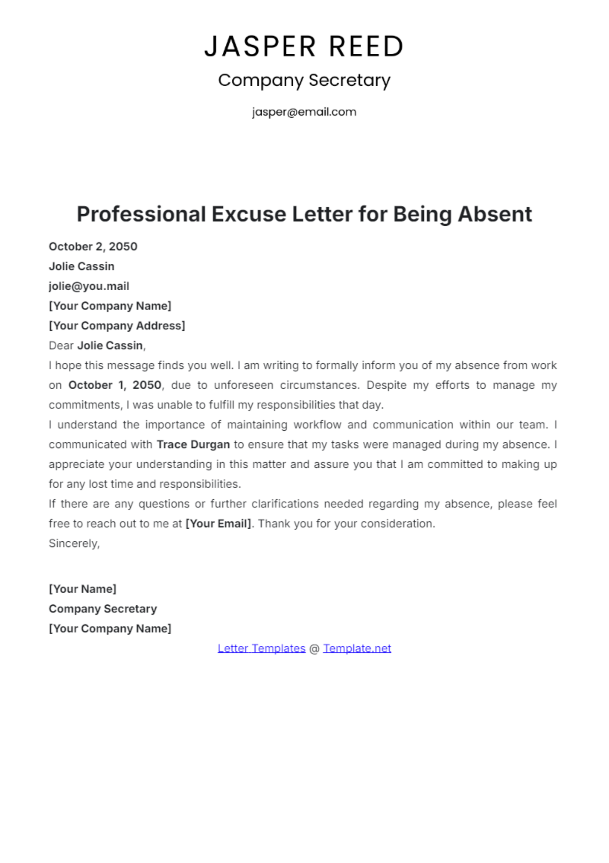 Professional Excuse Letter for Being Absent Template