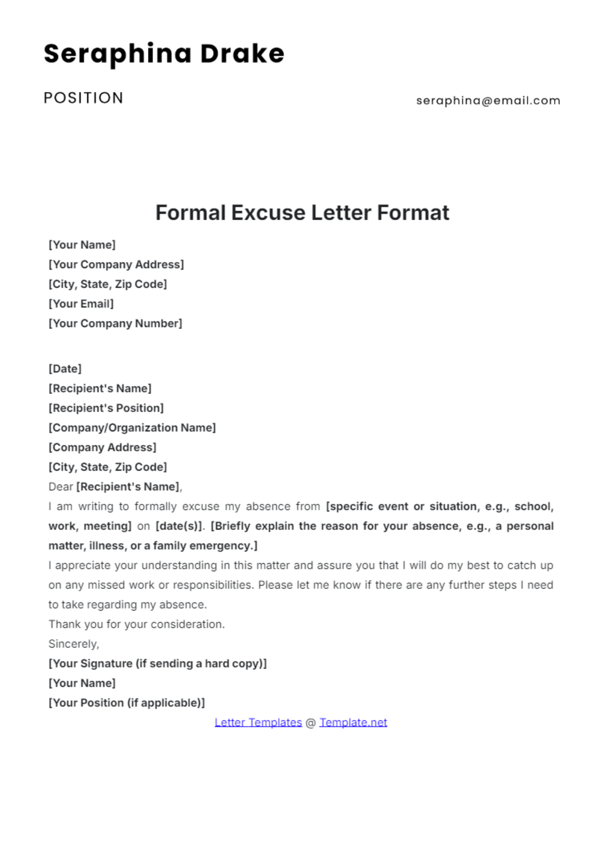 Free Formal Excuse Letter Format Template to Edit Online