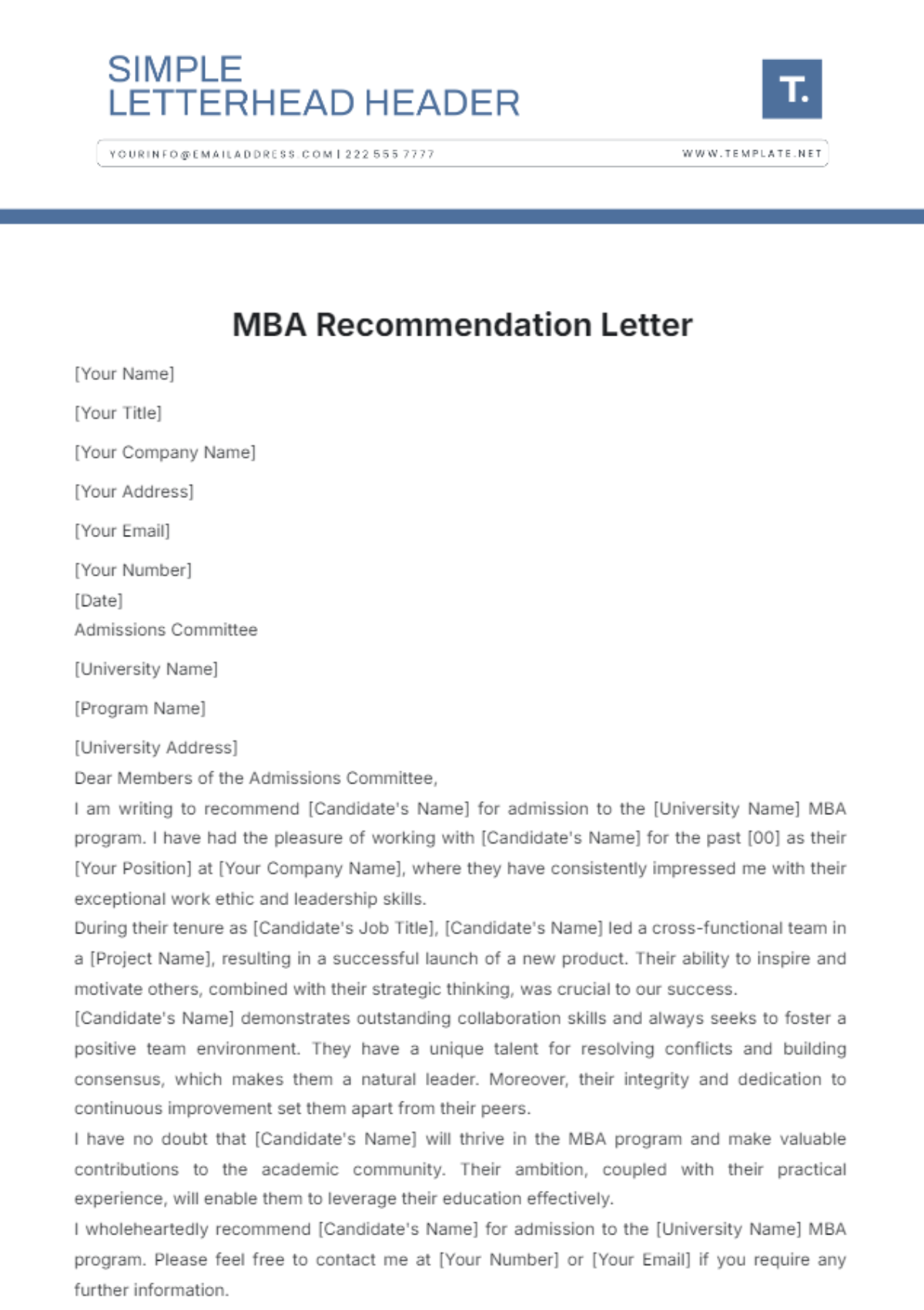 MBA Recommendation Letter Template - Edit Online & Download