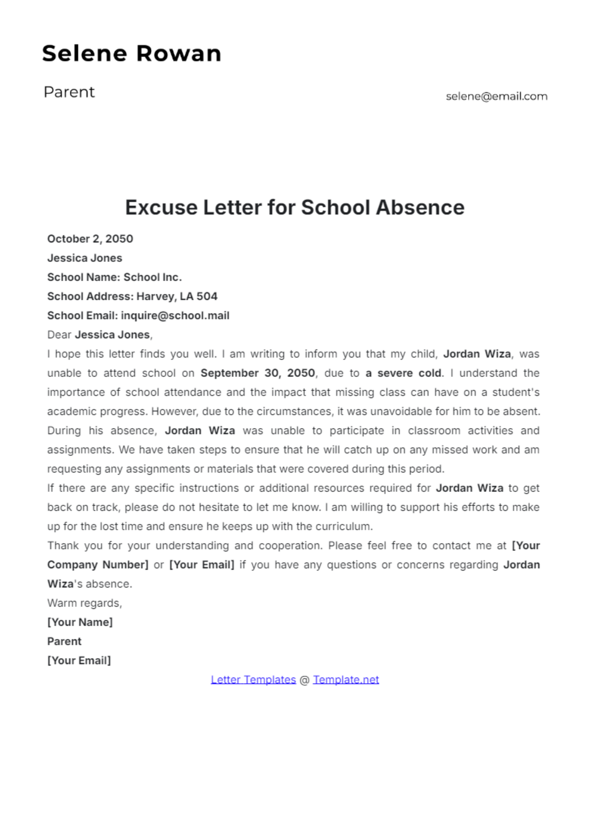 Excuse Letter for School Absence Template