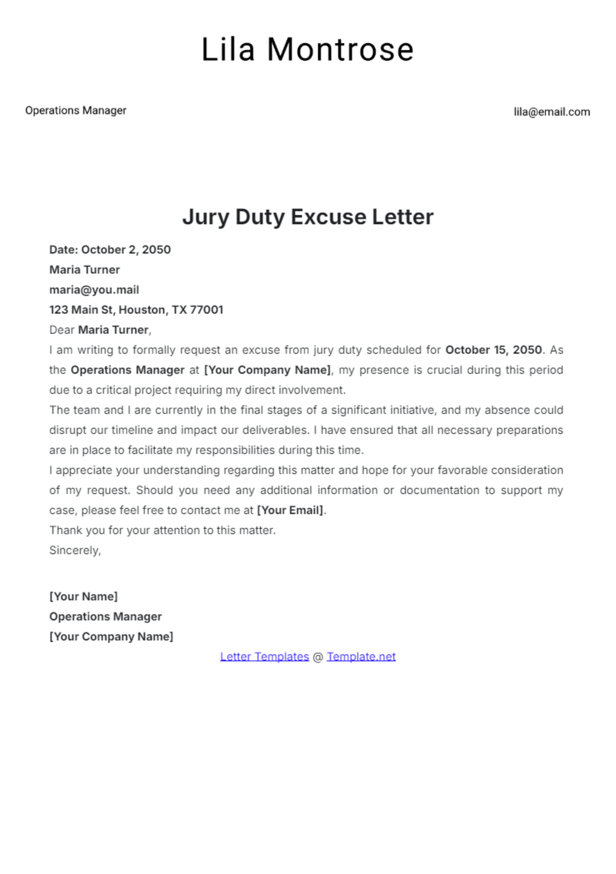 Printable Jury Duty Excuse Letter Template