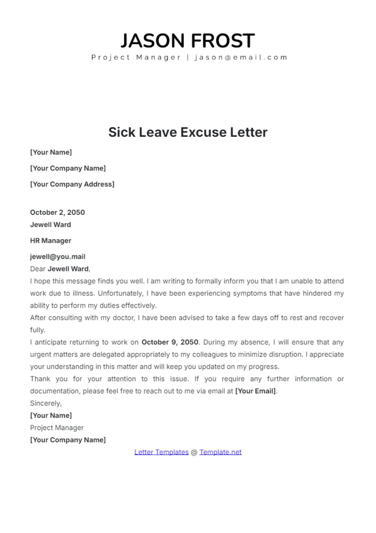 Sick Leave Excuse Letter Template