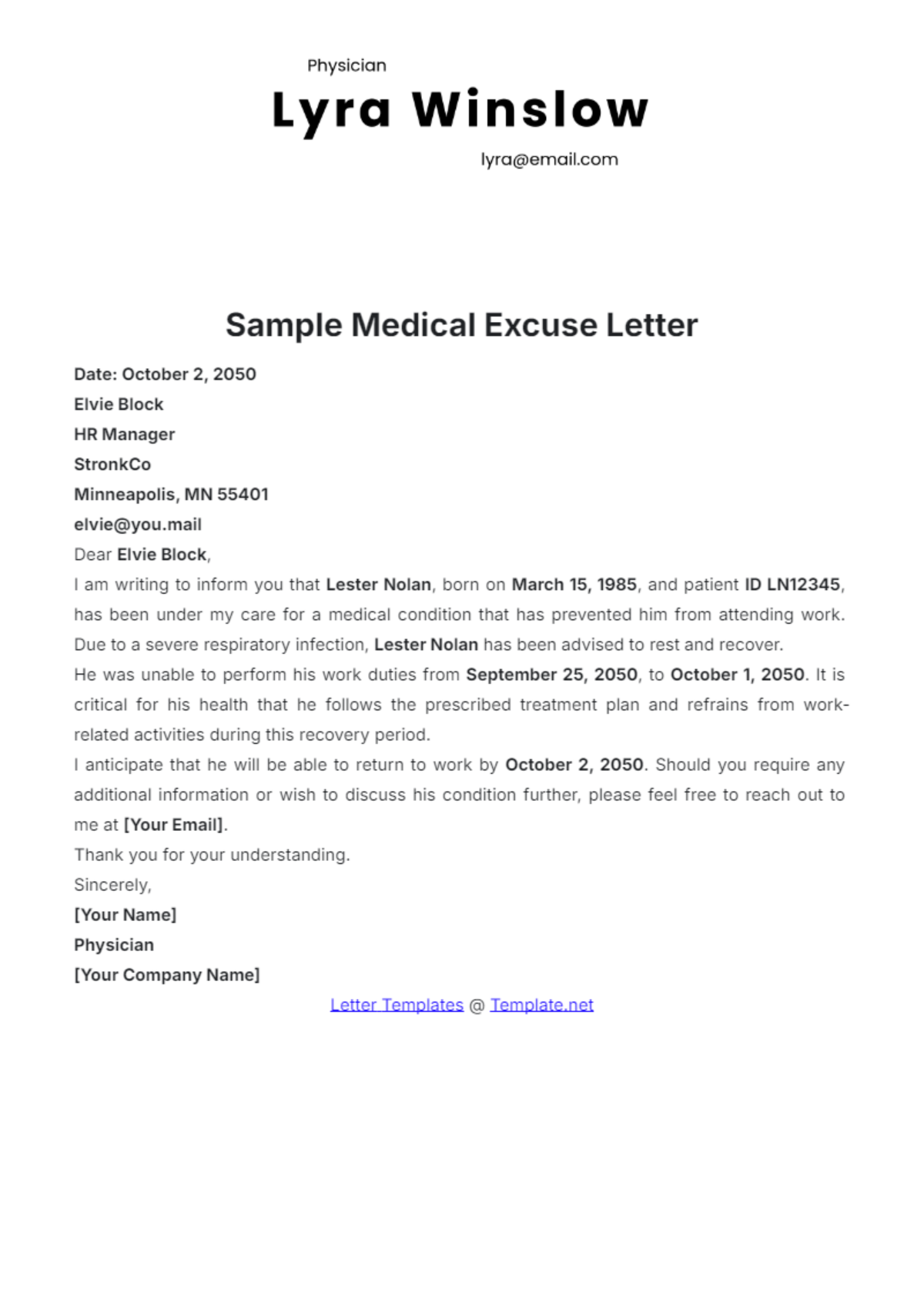 Sample Medical Excuse Letter Template - Edit Online & Download