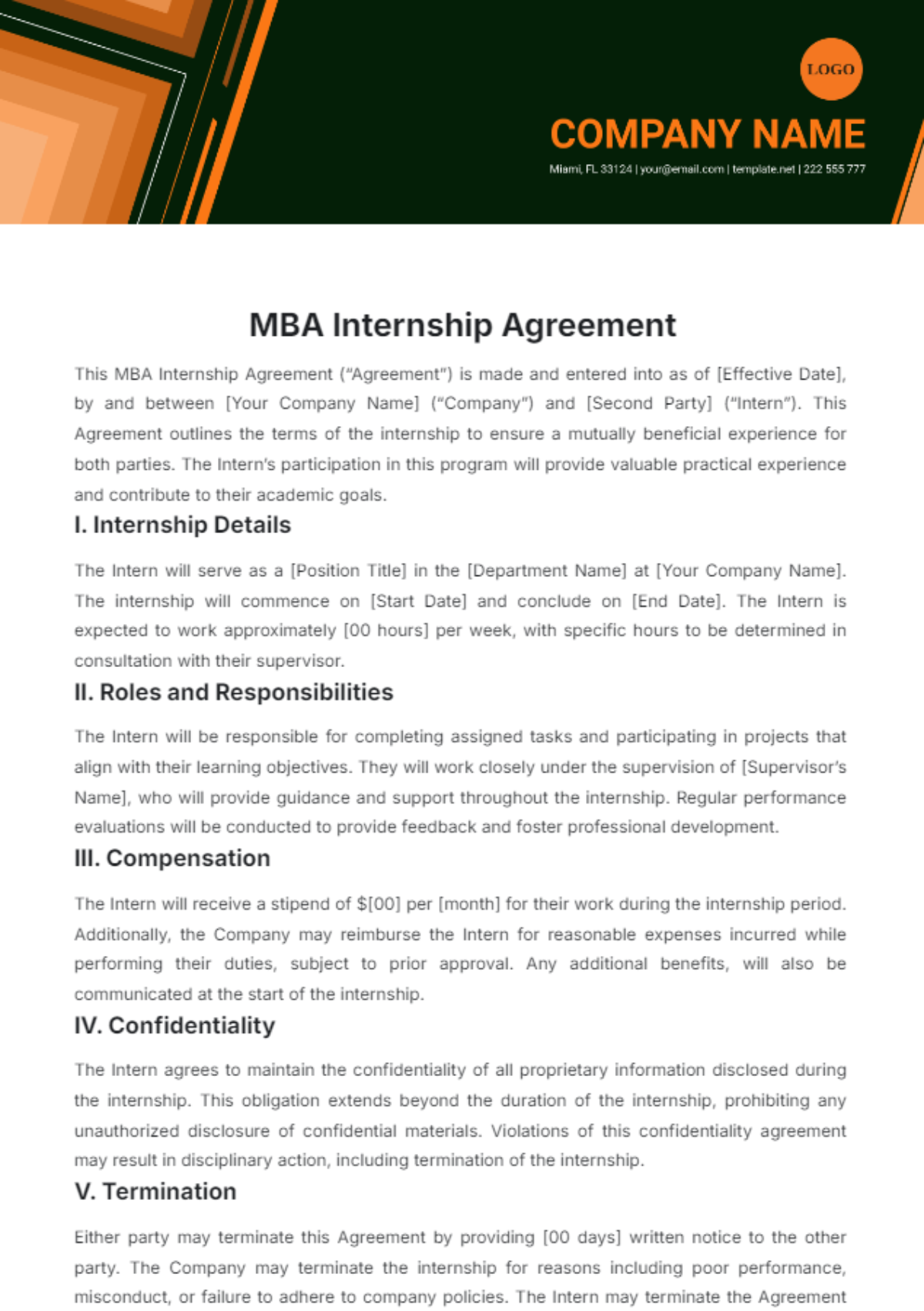 MBA Internship Agreement Template