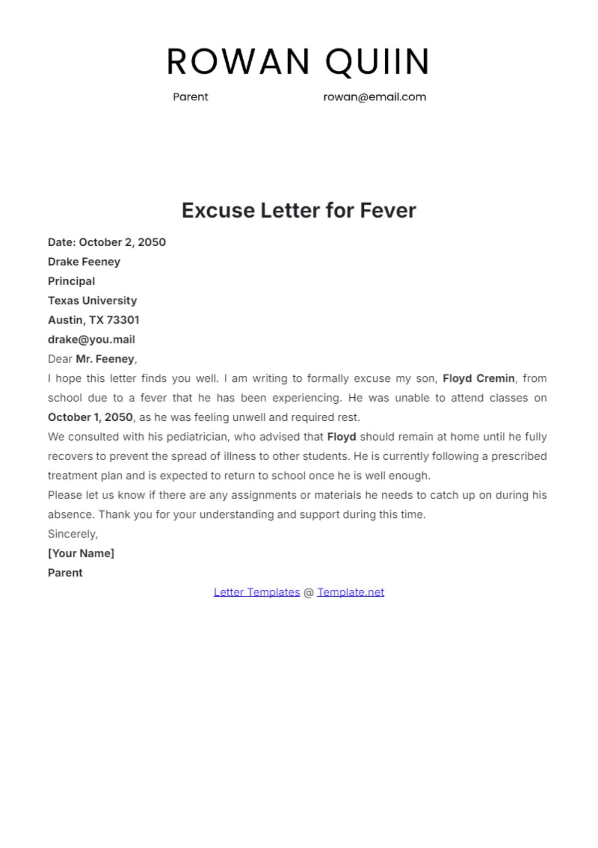 Free Excuse Letter for Fever Template - Edit Online & Download ...