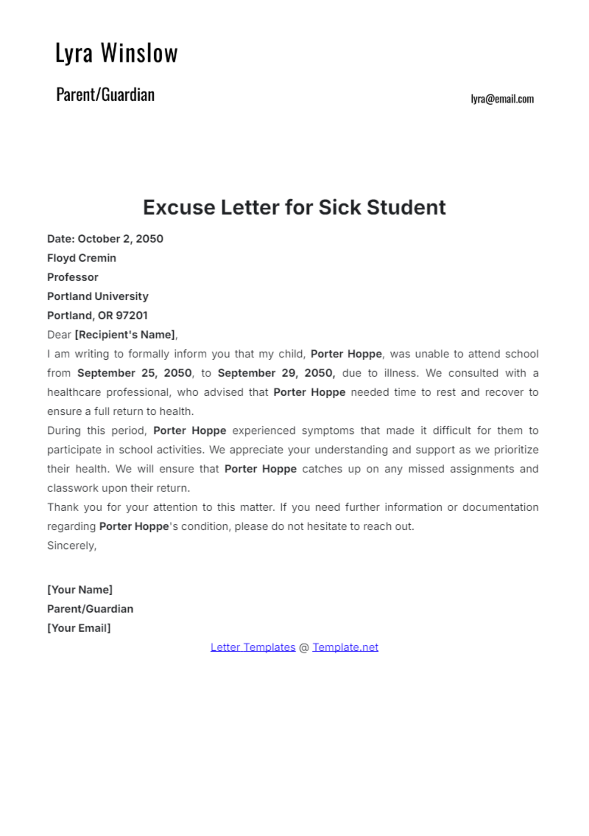 Free Excuse Letter for Sick Student Template to Edit Online