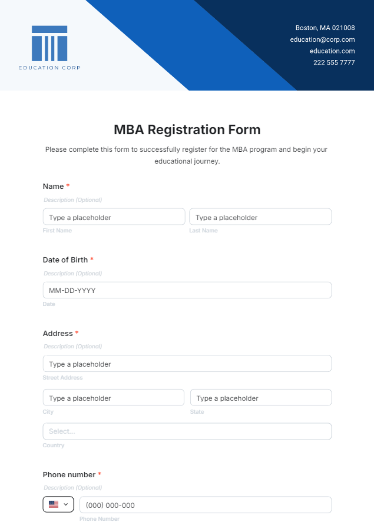 MBA Registration Form Template - Edit Online & Download