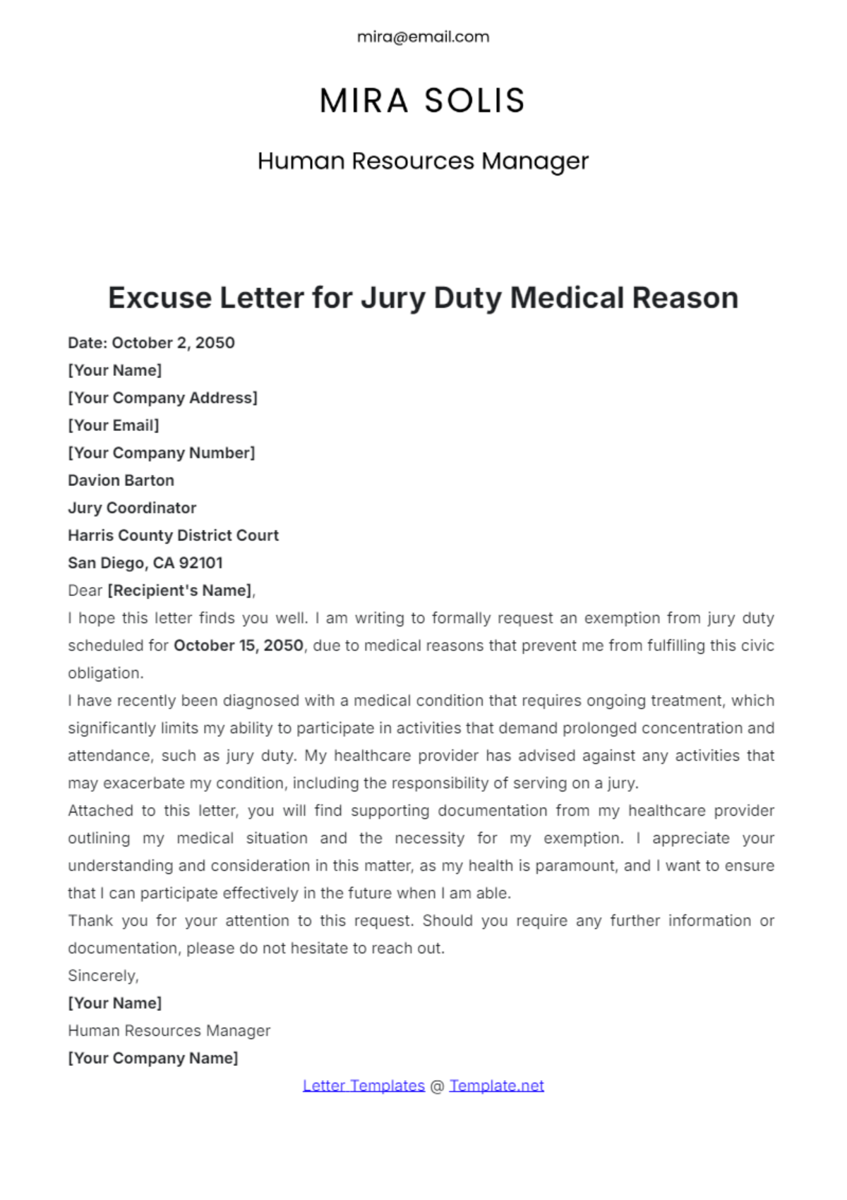 Excuse Letter for Jury Duty Medical Reason Template - Edit Online & Download