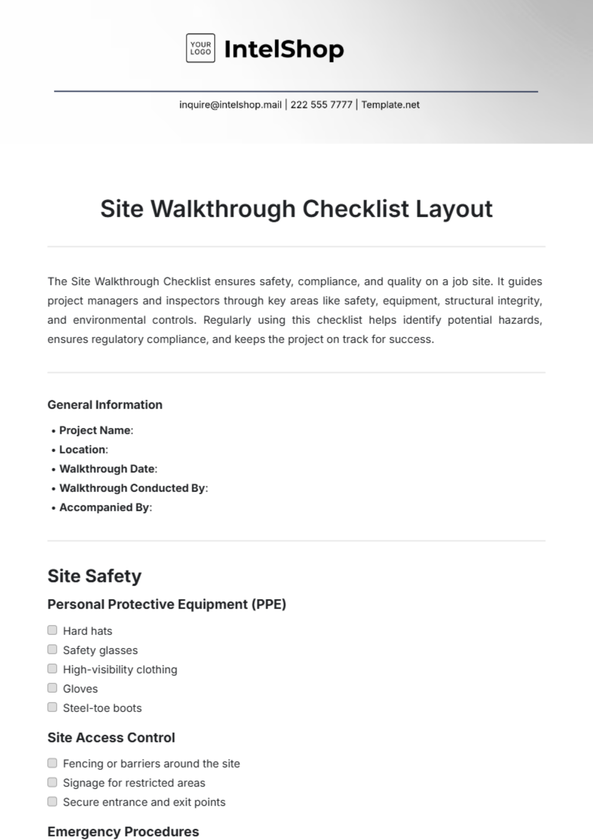 Site Walkthrough Checklist Layout Template - Edit Online & Download