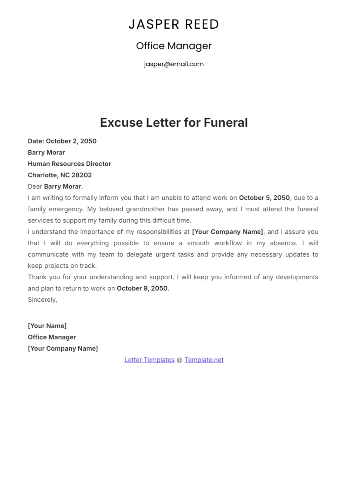 Excuse Letter for Funeral Template - Edit Online & Download