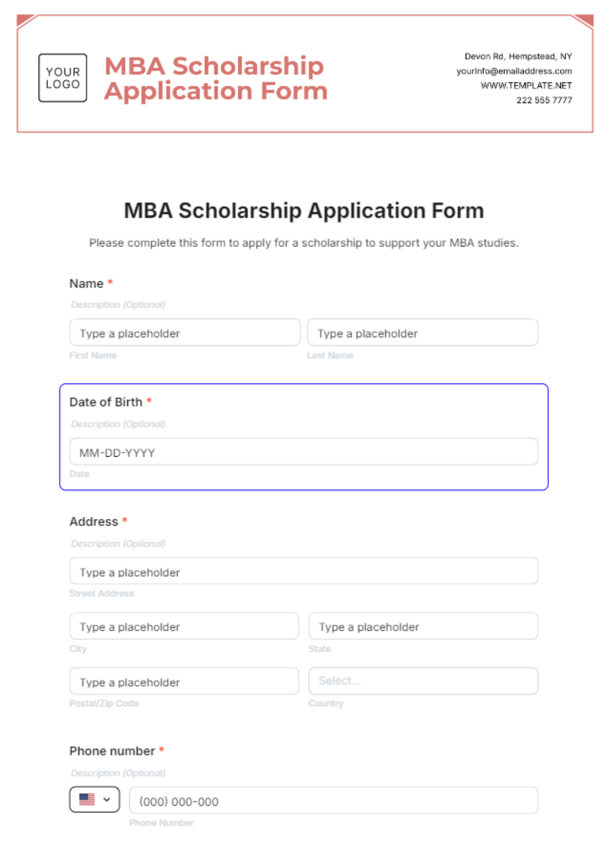 MBA Scholarship Application Form Template