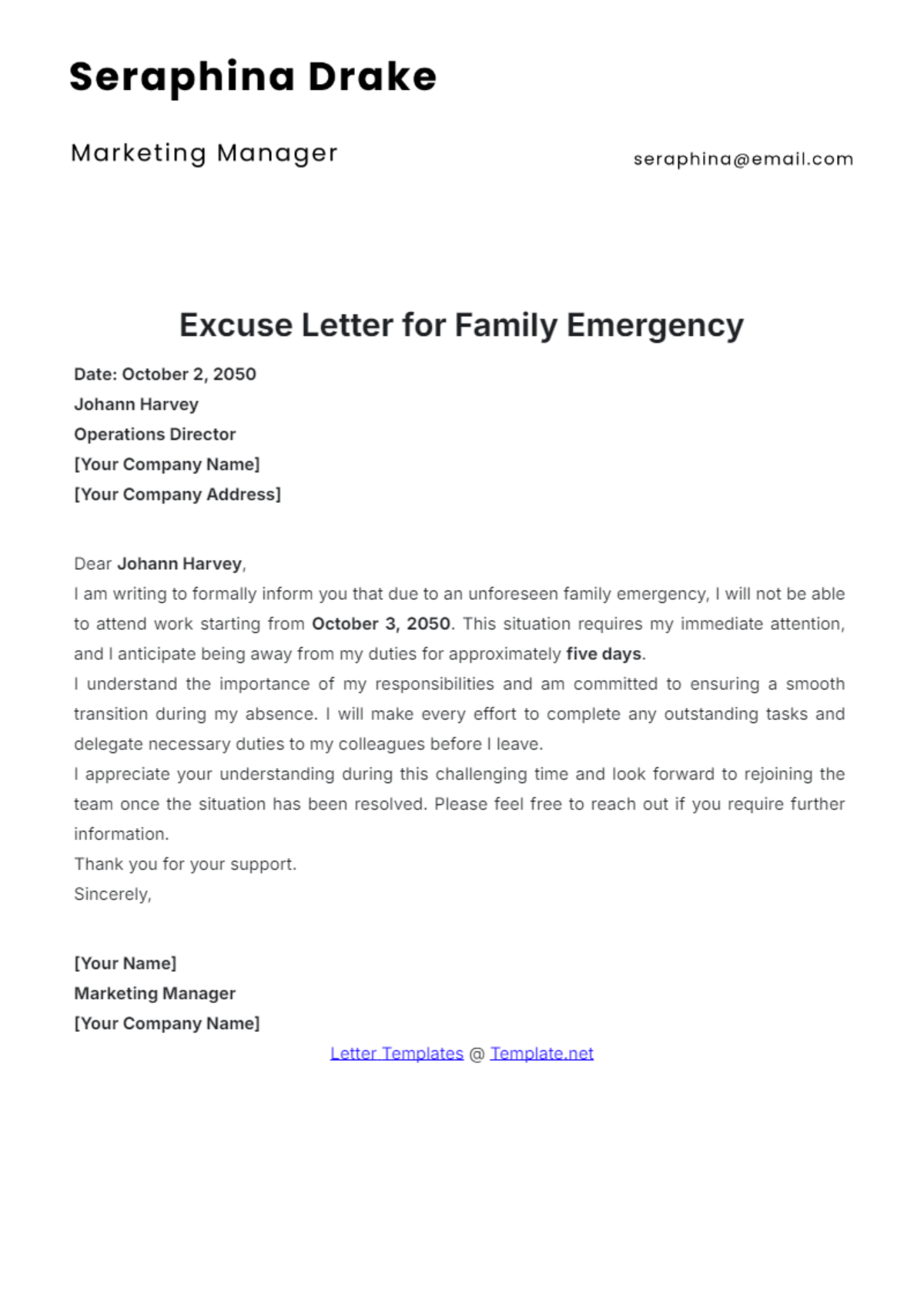 Excuse Letter for Family Emergency Template - Edit Online & Download