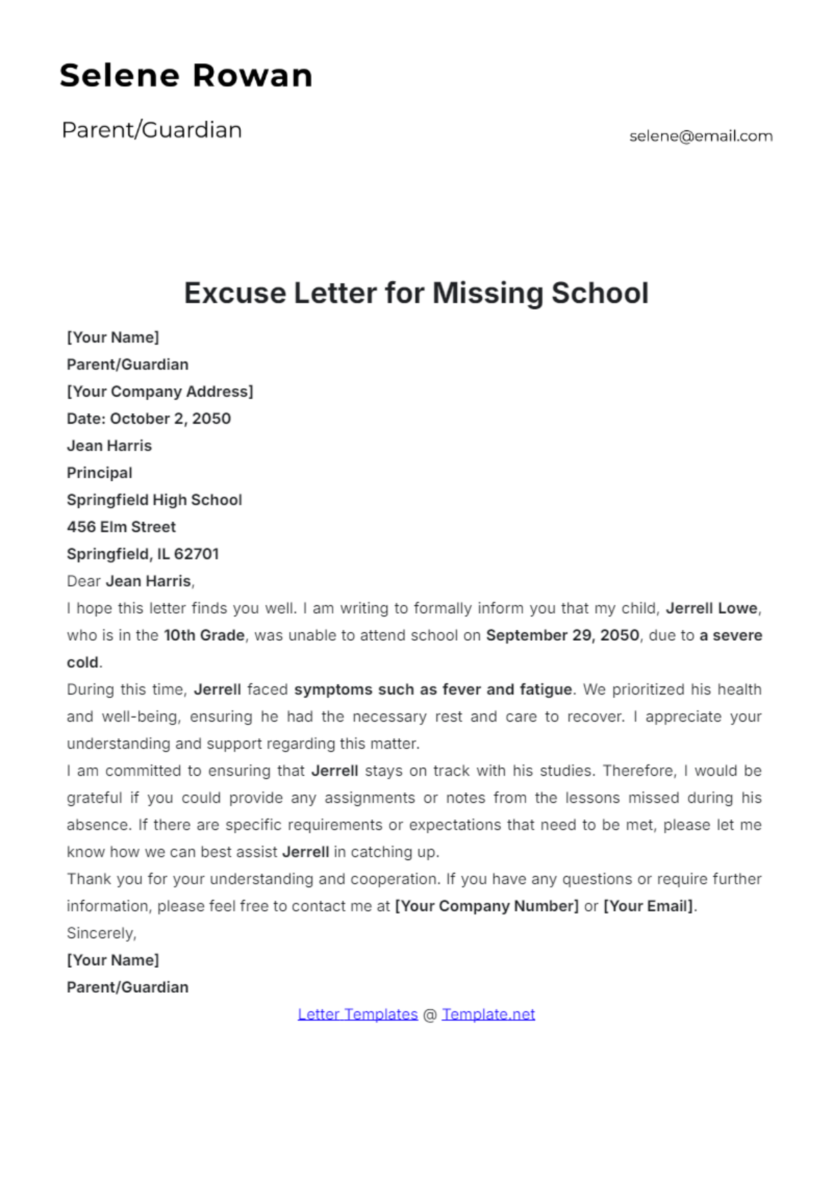 Excuse Letter for Missing School Template - Edit Online & Download