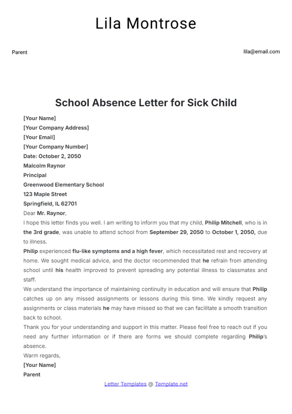 School Absence Letter for Sick Child Template - Edit Online & Download