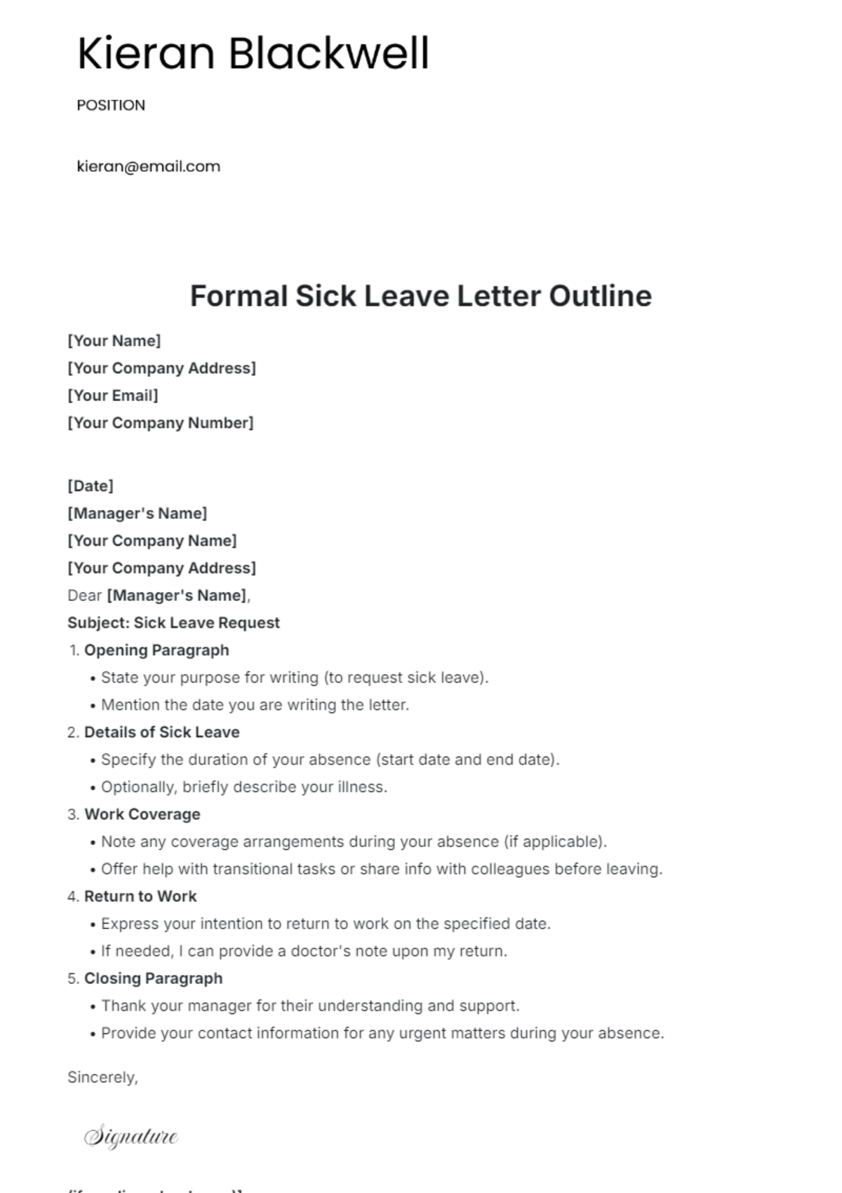 Formal Sick Leave Letter Outline Template - Edit Online & Download