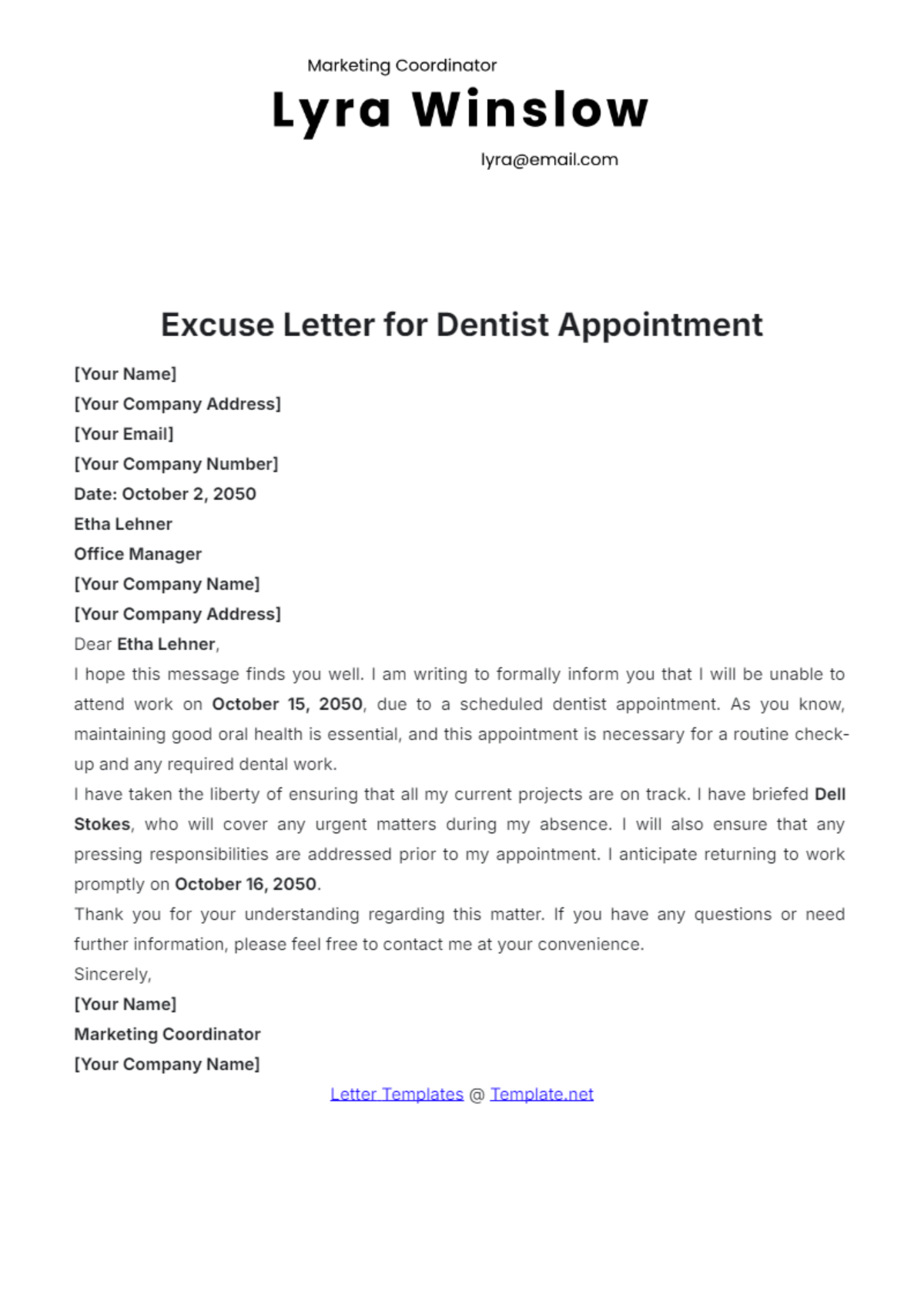 Excuse Letter for Dentist Appointment Template - Edit Online & Download