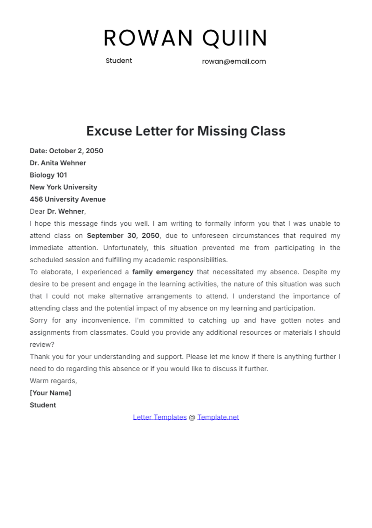 Excuse Letter for Missing Class Template - Edit Online & Download