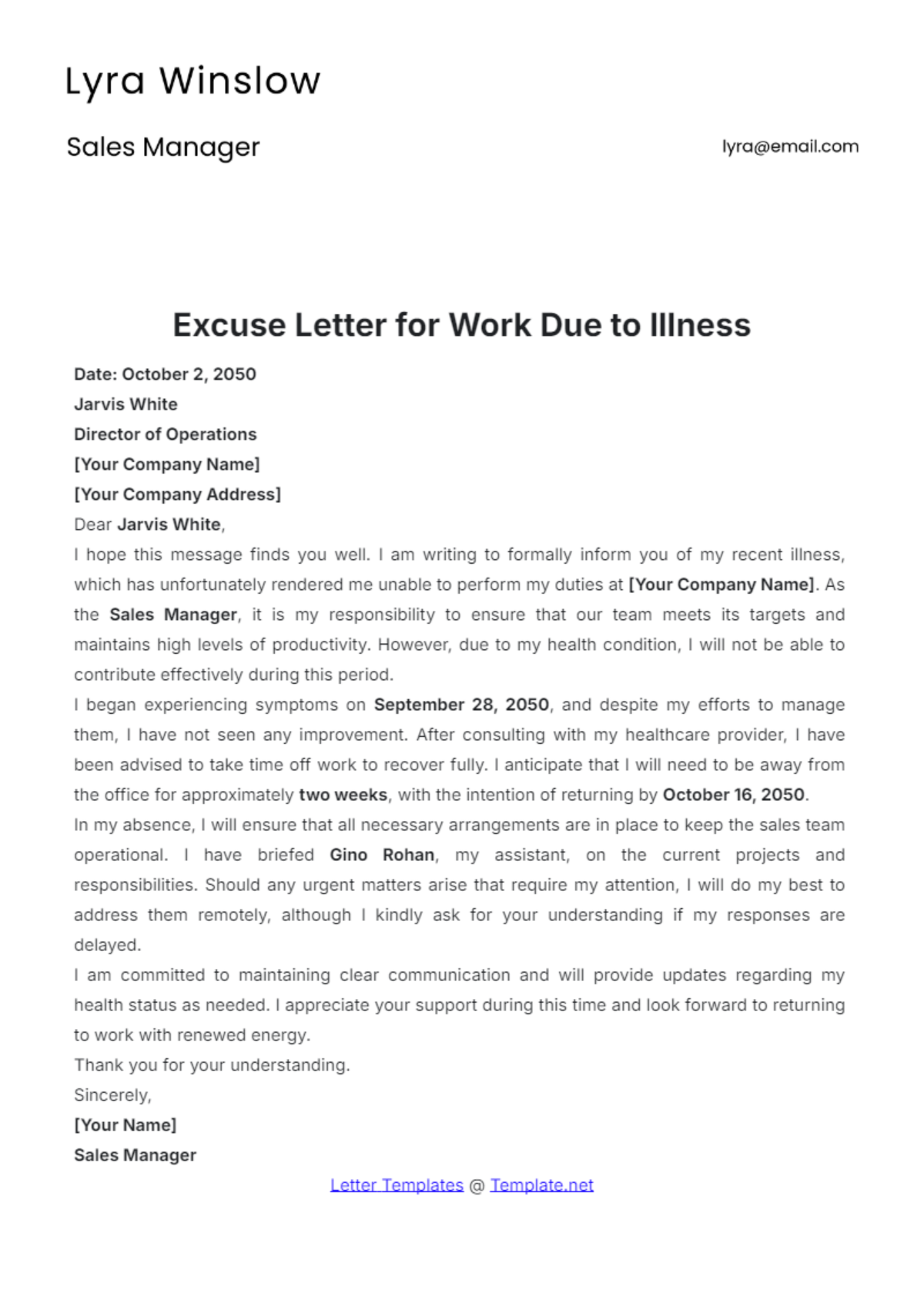 Excuse Letter for Work Due to Illness Template - Edit Online & Download