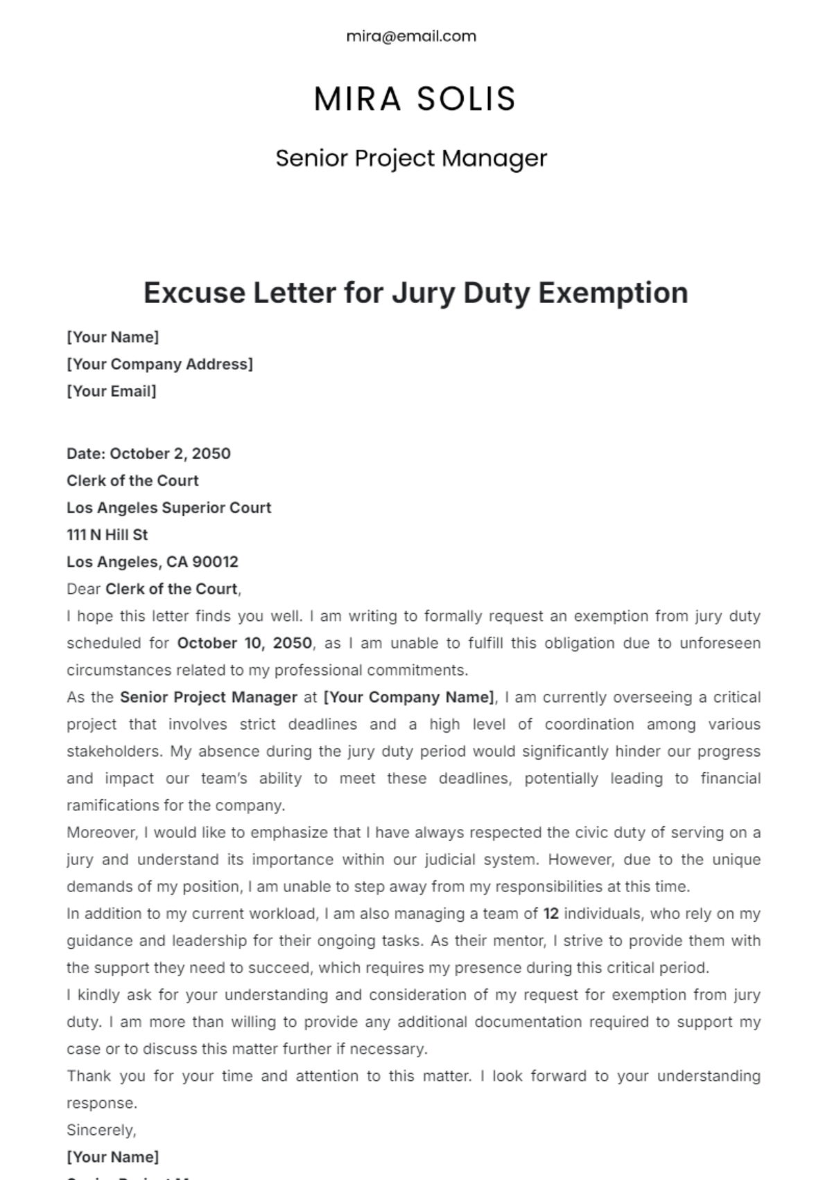 Excuse Letter for Jury Duty Exemption Template - Edit Online & Download