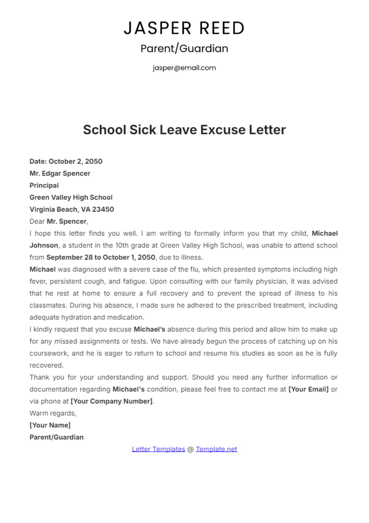 Free School Sick Leave Excuse Letter Template to Edit Online