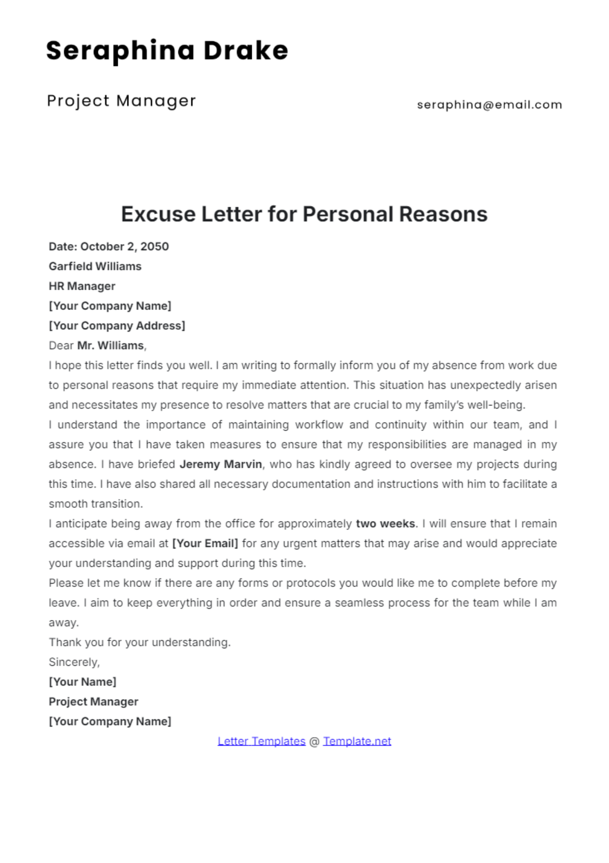 Excuse Letter for Personal Reasons Template - Edit Online & Download