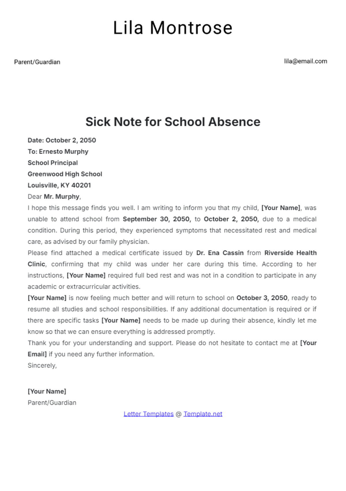 Sick Note for School Absence Template - Edit Online & Download