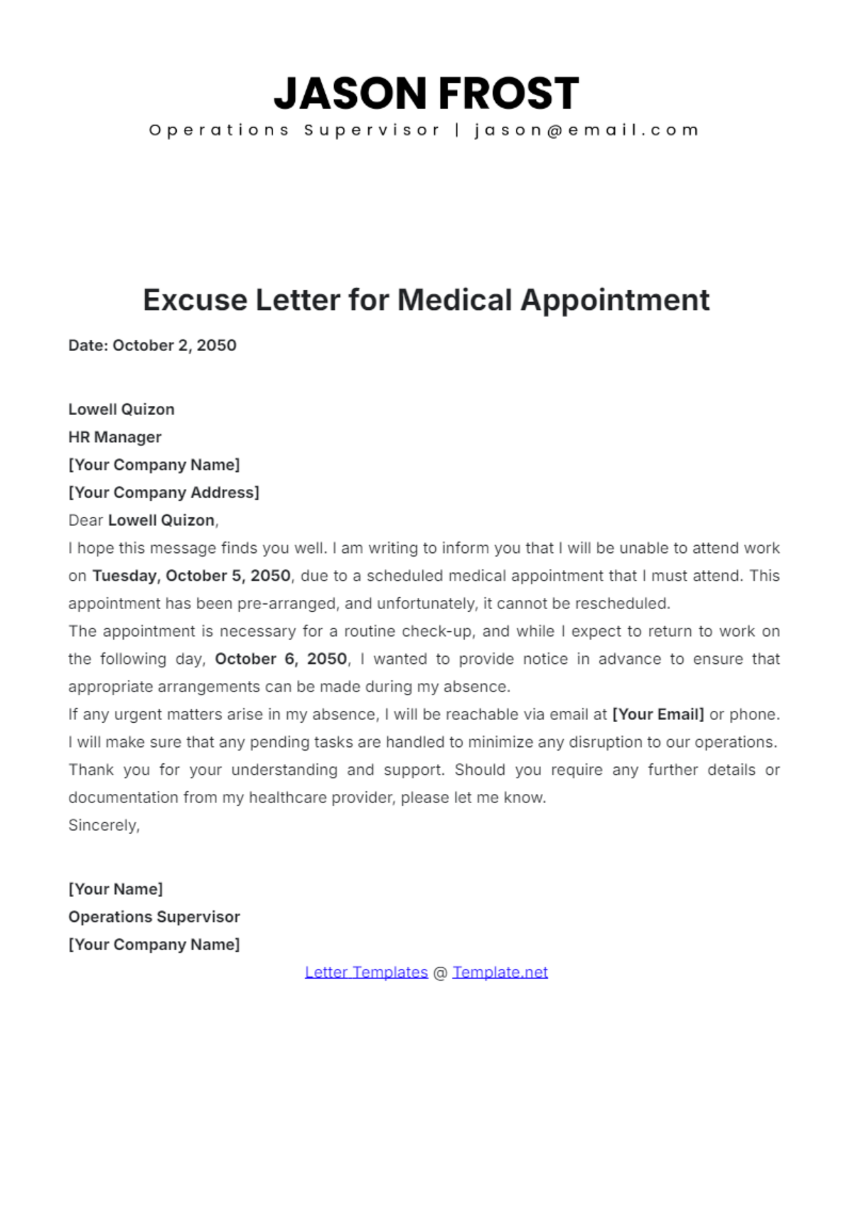 Excuse Letter for Medical Appointment Template - Edit Online & Download