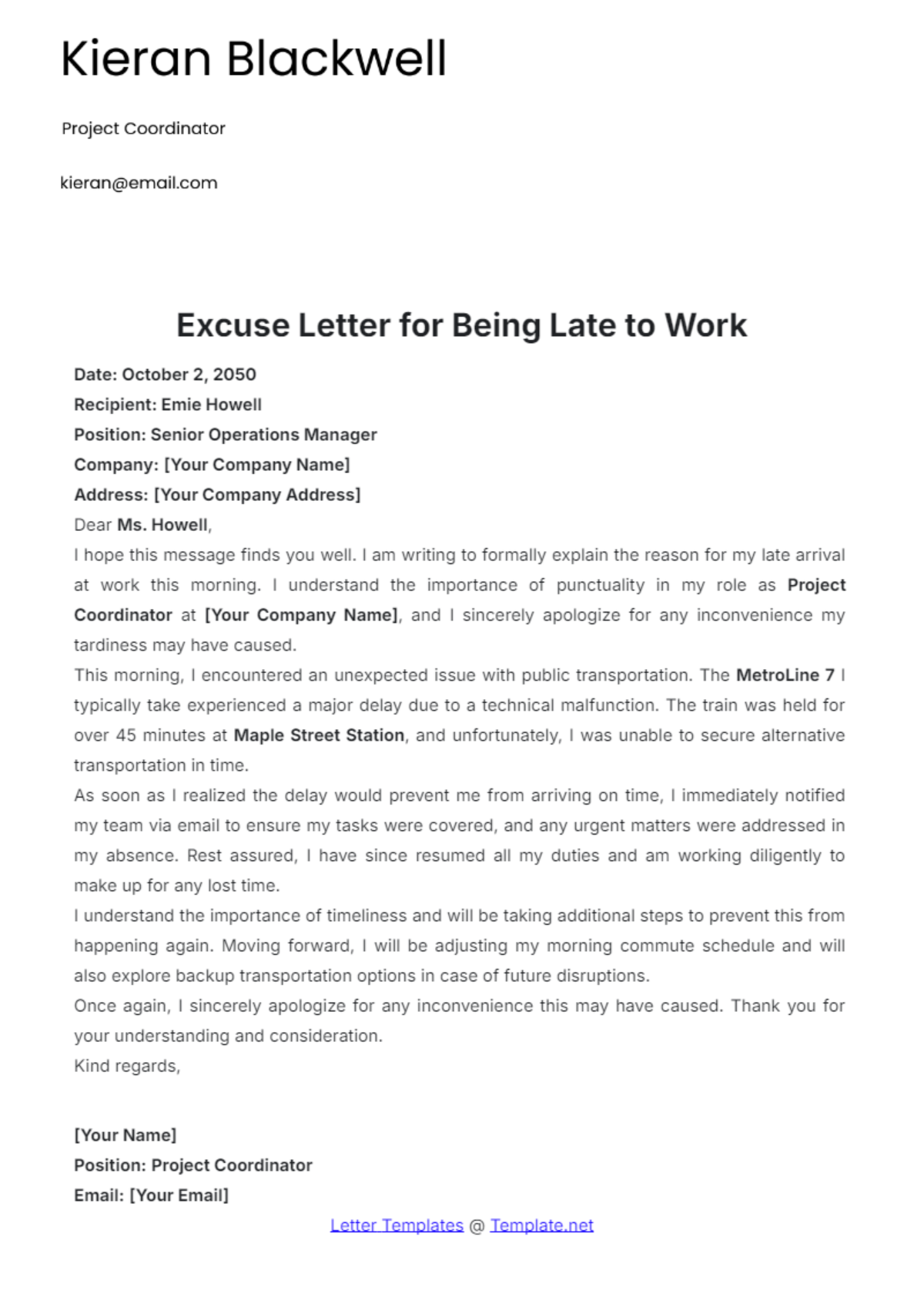 Excuse Letter for Being Late to Work Template - Edit Online & Download