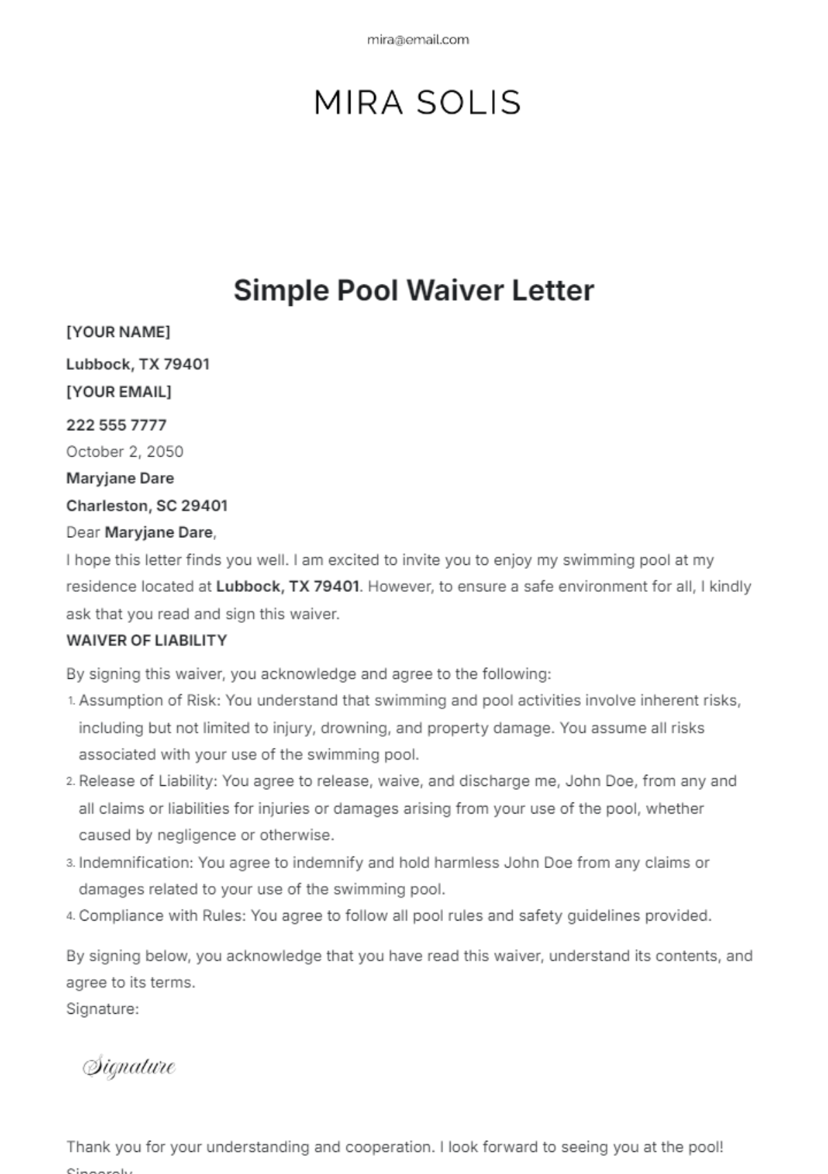 Simple Pool Waiver Letter Template - Edit Online & Download