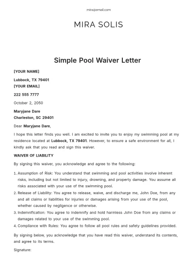 Free Simple Pool Waiver Letter Template to Edit Online