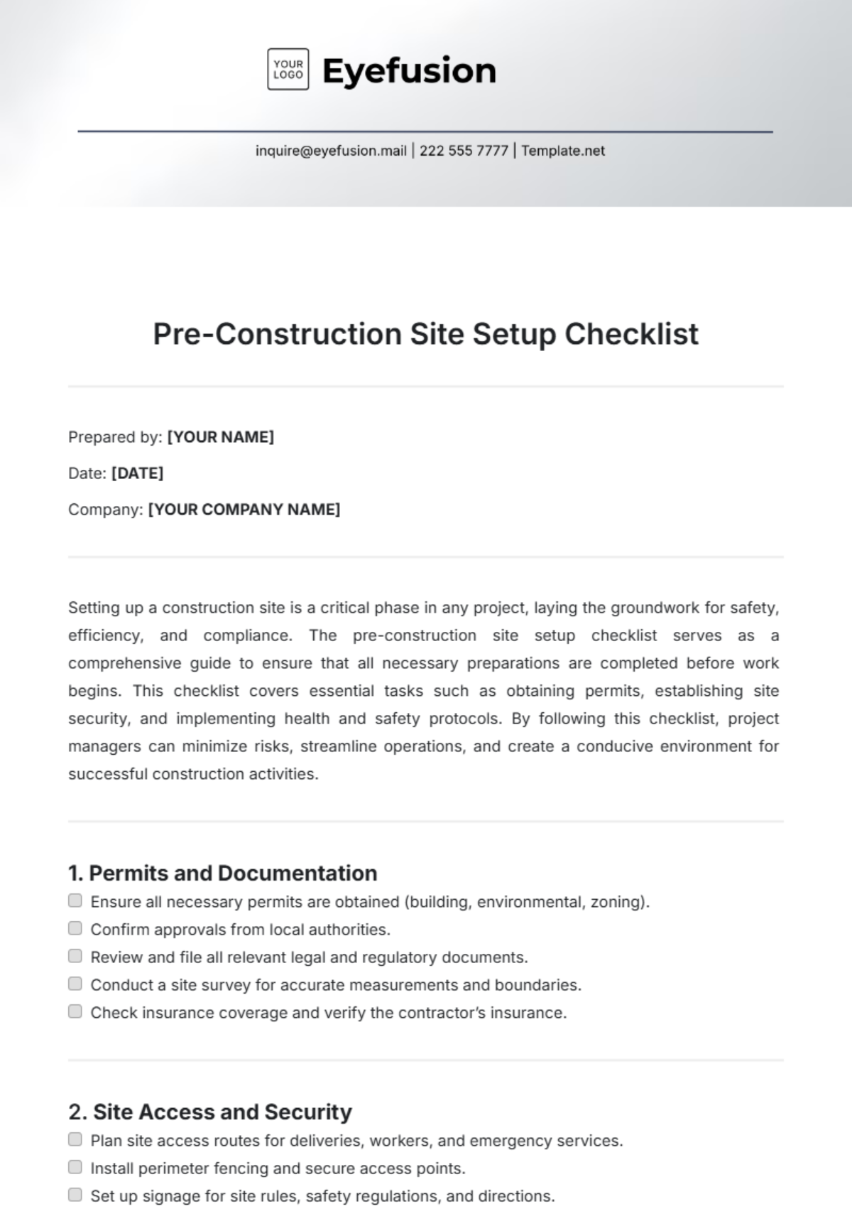 Pre-Construction Site Setup Checklist Template - Edit Online & Download