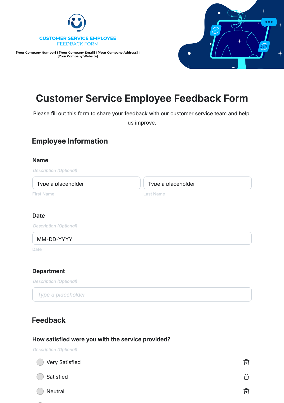 Customer Service Employee Feedback Form Template - Edit Online & Download