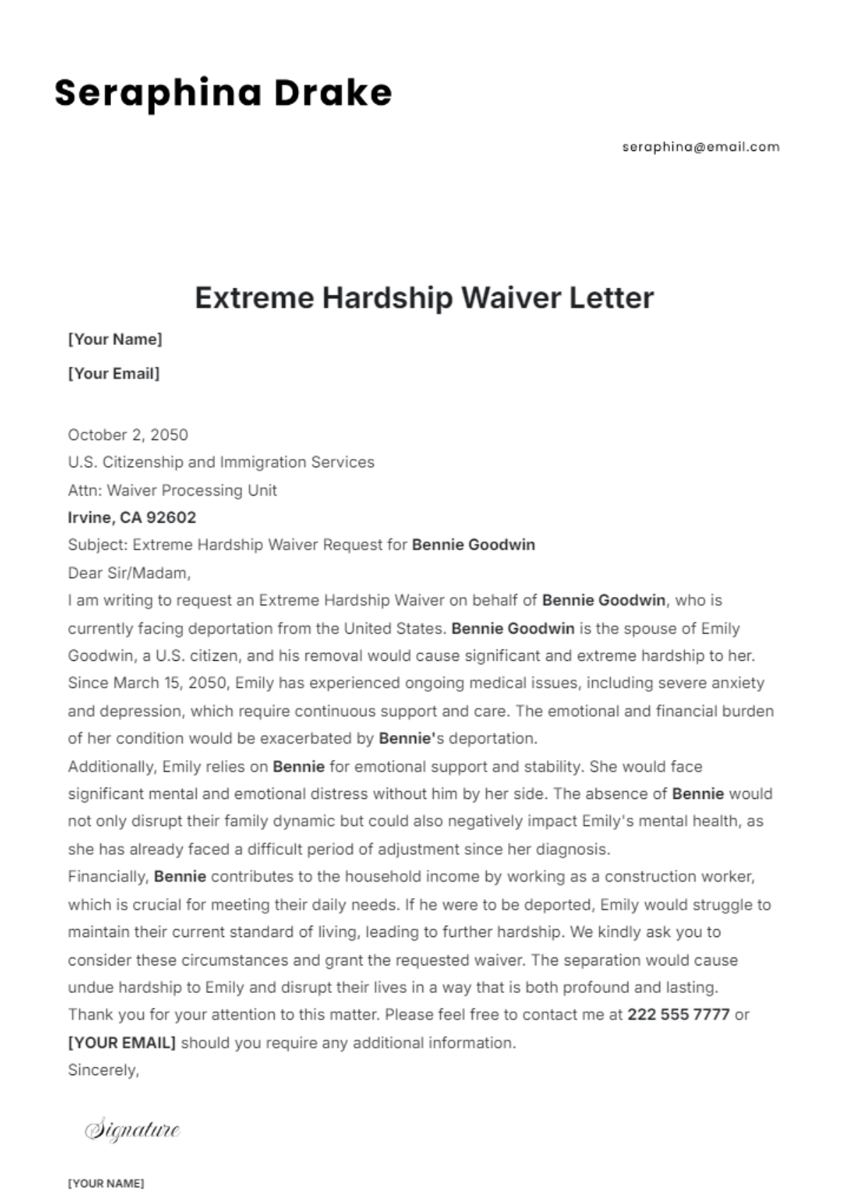 Extreme Hardship Waiver Letter Template