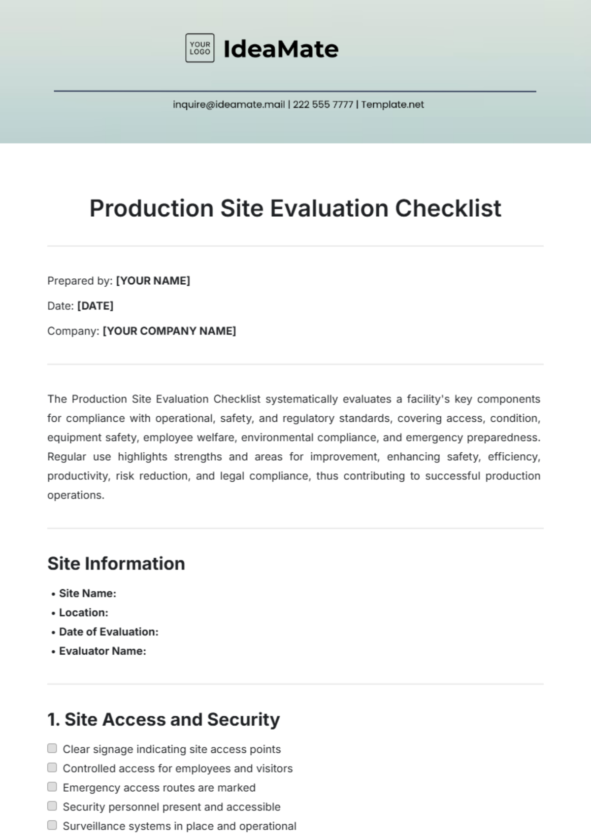 Production Site Evaluation Checklist Template - Edit Online & Download