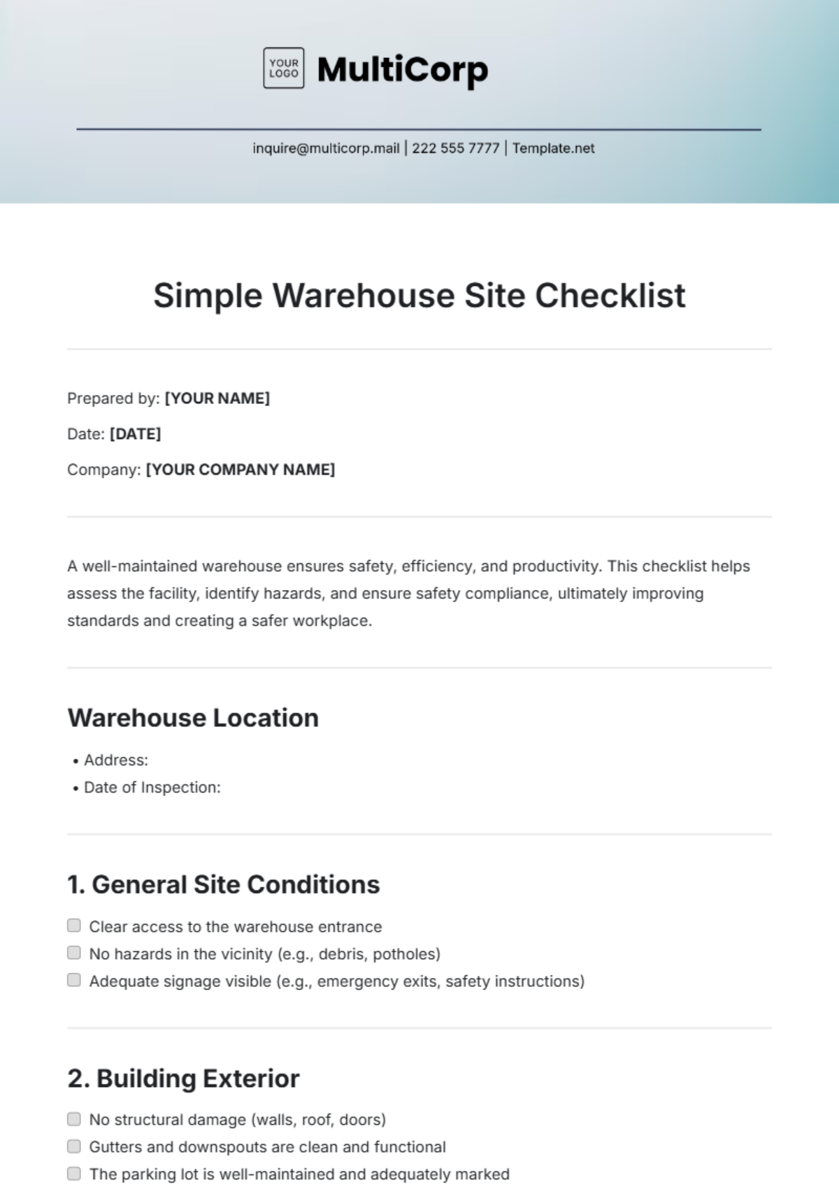 Simple Warehouse Site Checklist Template - Edit Online & Download