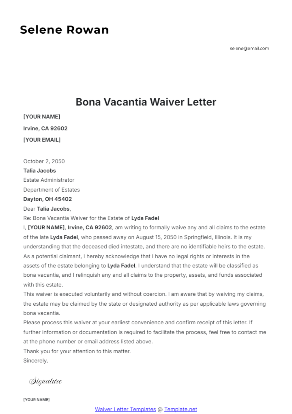 Bona Vacantia Waiver Letter Template