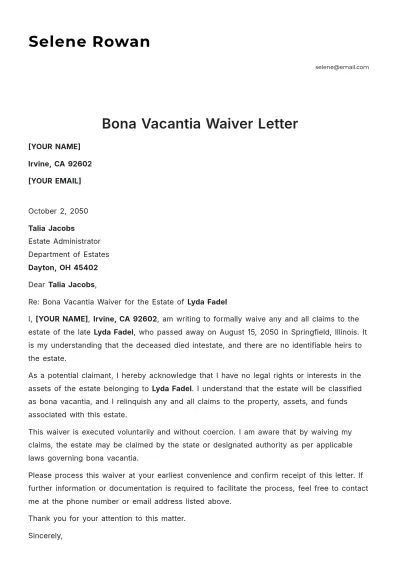 Free Bona Vacantia Waiver Letter Template to Edit Online