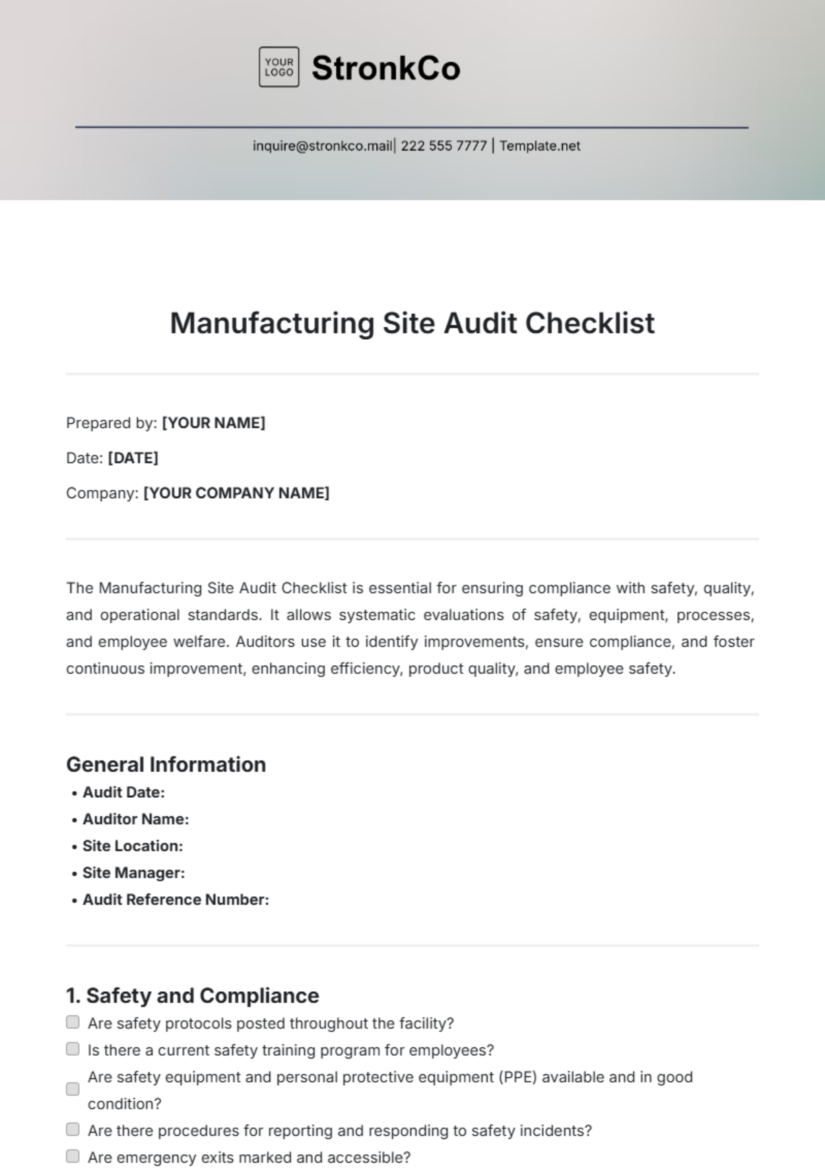 Manufacturing Site Audit Checklist Template