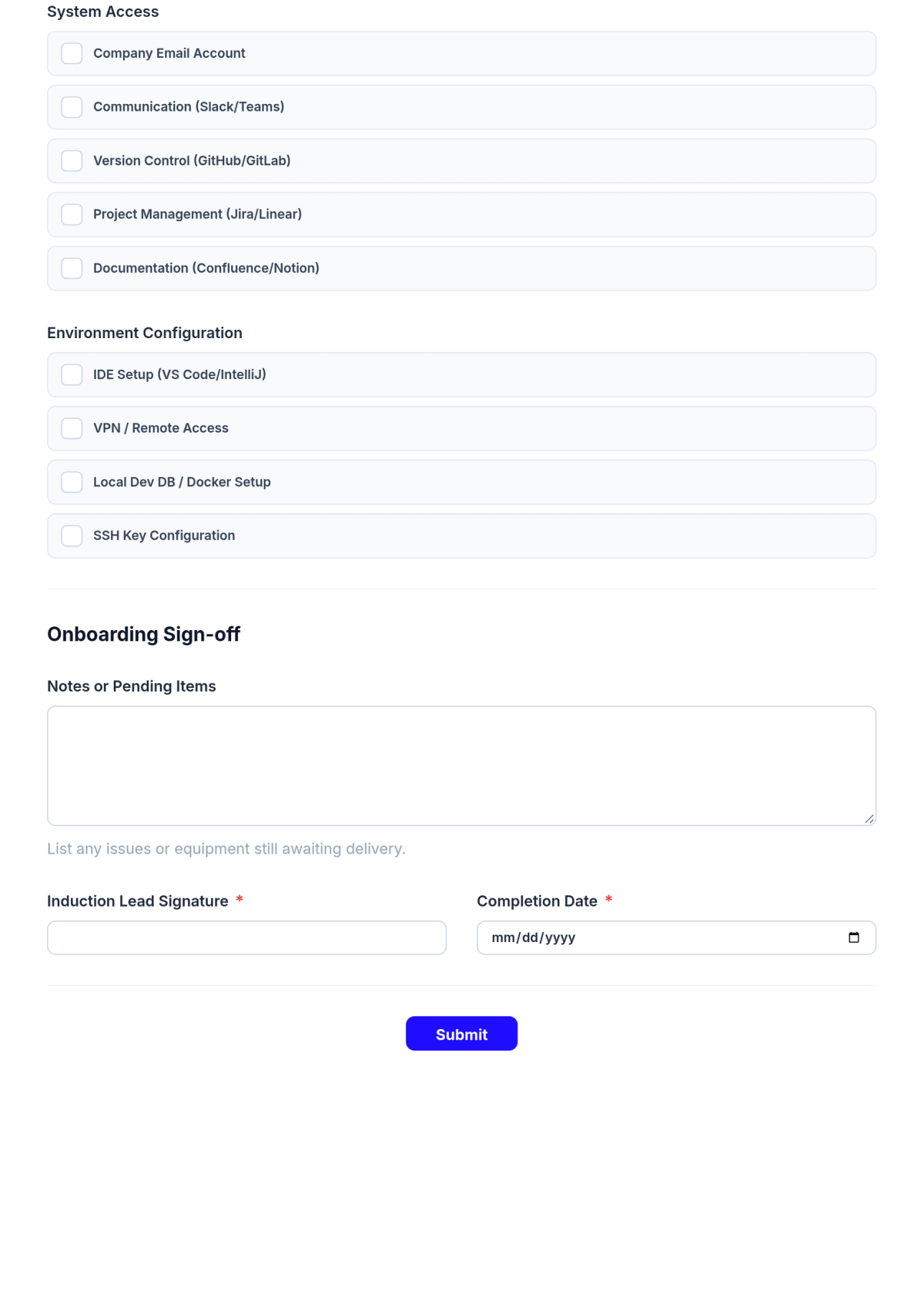 Free Blank Developer Induction Checklist Template & AI Maker Free Blank Developer Induction Checklist Template & AI Maker