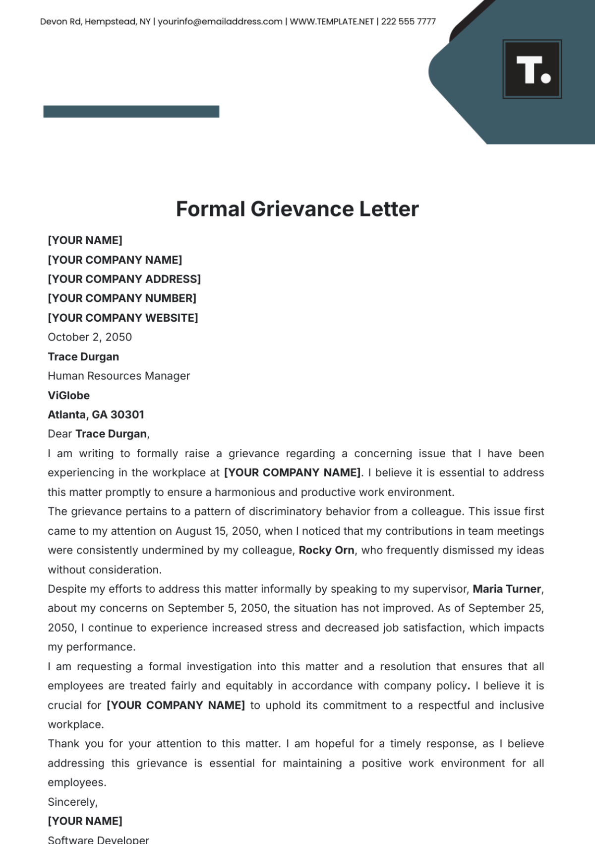 Formal Grievance Letter Template - Edit Online & Download