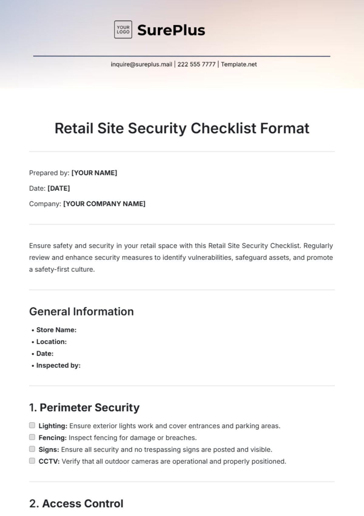 Retail Site Security Checklist Format Template - Edit Online & Download