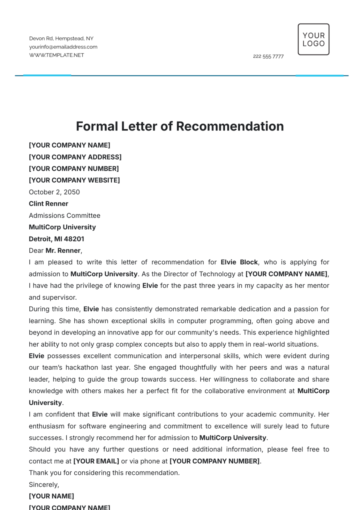 Formal Letter of Recommendation Template