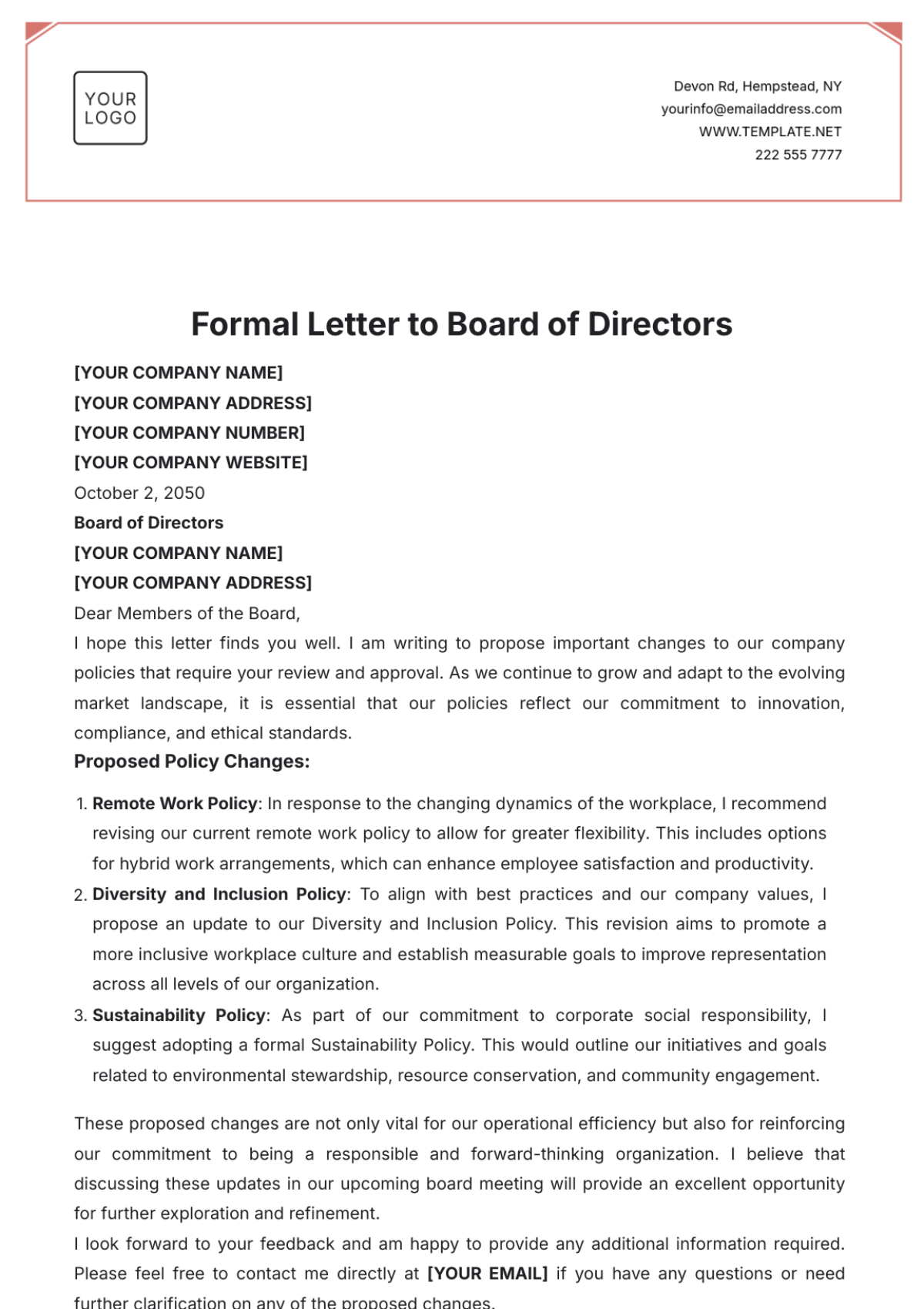 Formal Letter to Board of Directors Template - Edit Online & Download