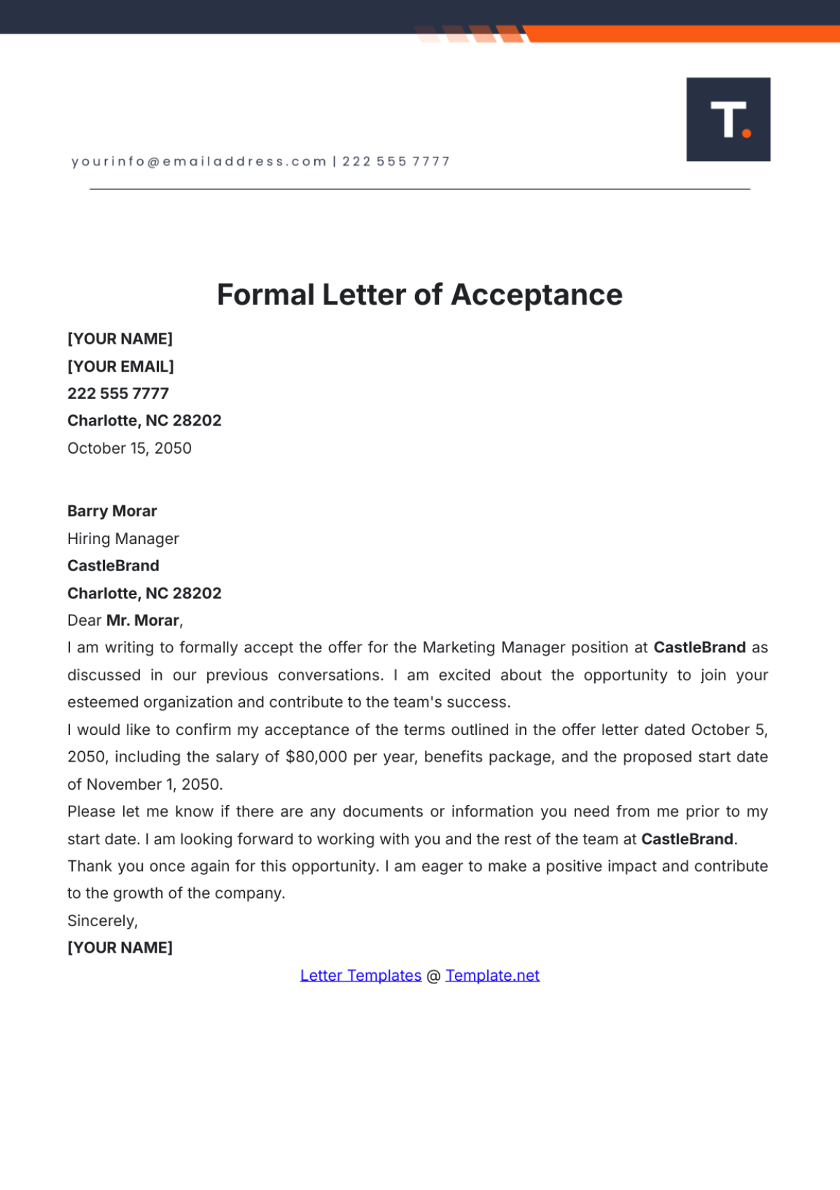 Free Formal Letter of Acceptance Template to Edit Online