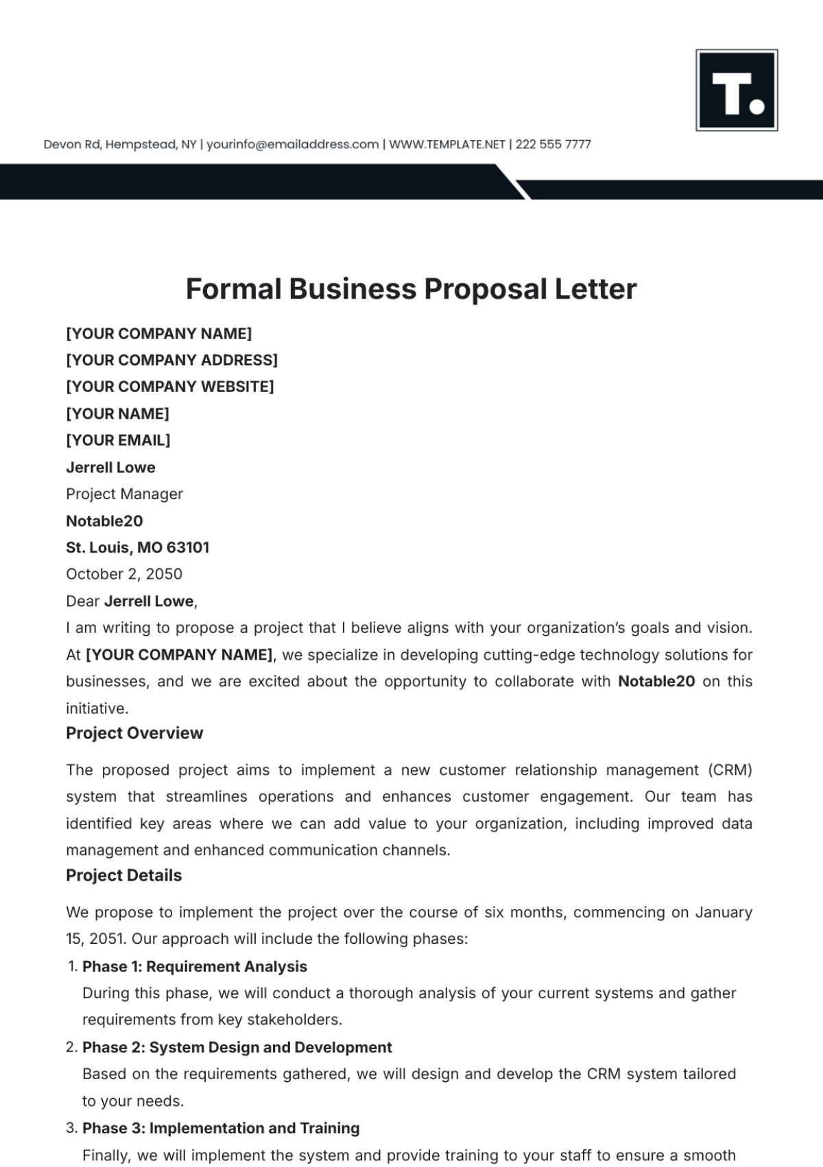 Formal Business Proposal Letter Template - Edit Online & Download