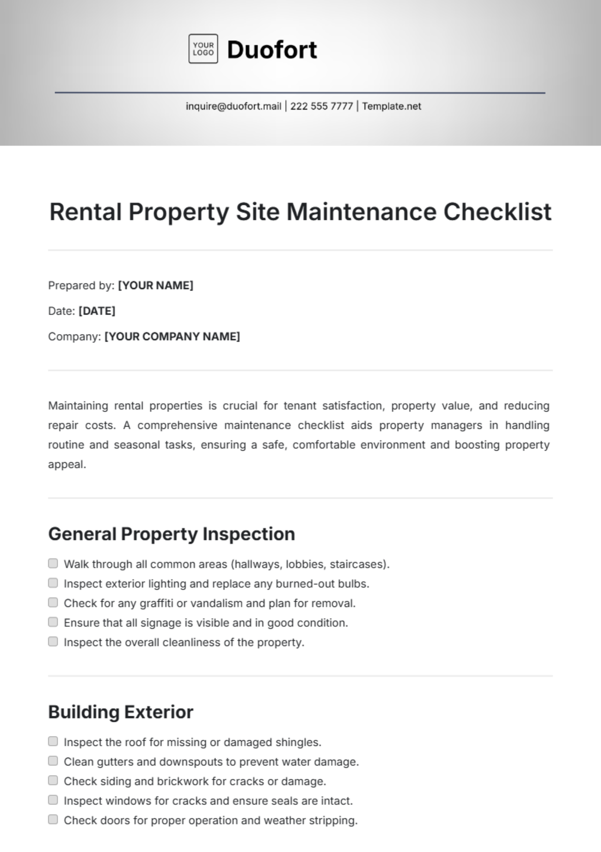 Rental Property Site Maintenance Checklist Template - Edit Online & Download