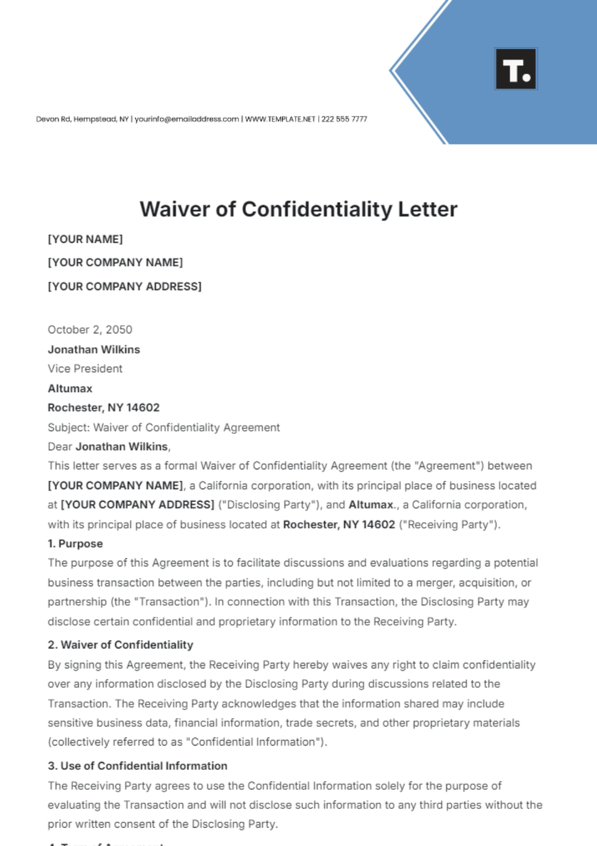 Waiver of Confidentiality Letter Template - Edit Online & Download