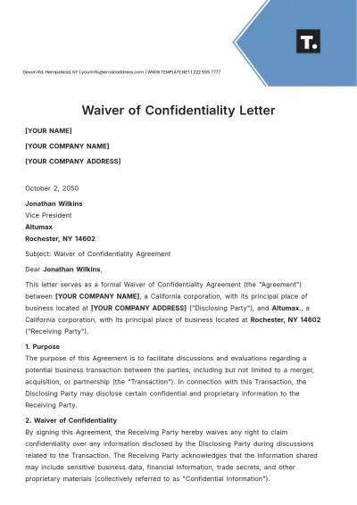 Free Waiver of Confidentiality Letter Template to Edit Online